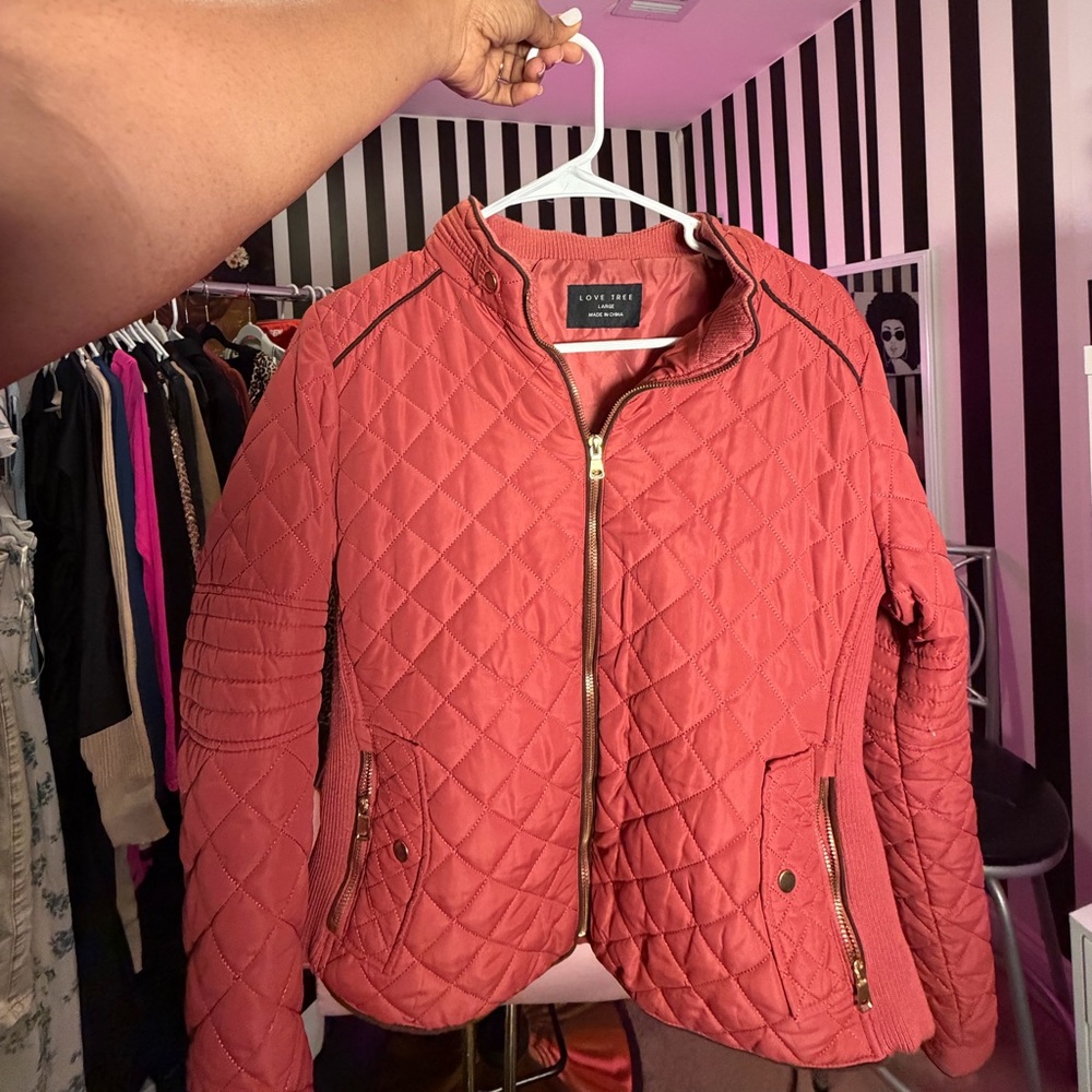 Love Tree Quilted Puffer Jacket in Red